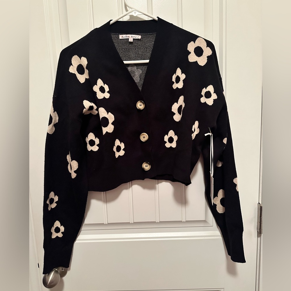 Bailey Rose Black and Cream Floral Cardigan, NWT